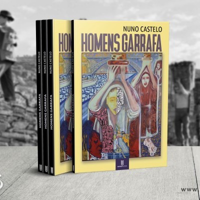 Livros 'HOMENS GARRAFA' de NUNO CASTELO com capa amarela e ilustração colorida, em mesa de madeira clara, fundo em preto e branco.