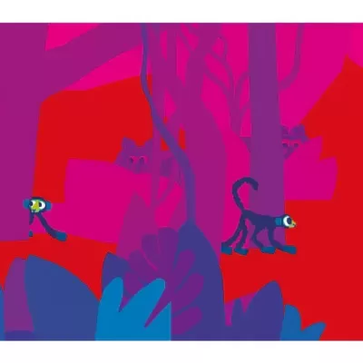 Floresta colorida estilizada com árvores roxas, chão vermelho, macacos azuis e folhas laranja