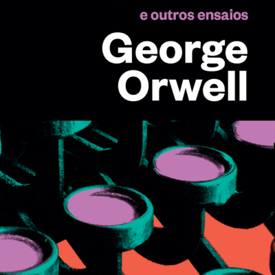 Capa de livro preto com texto em roxo e branco e ilustração de teclas de máquina de escrever coloridas