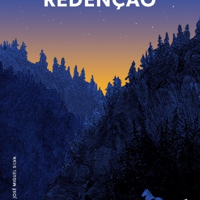 Capa de livro com título REDENÇÃO e ilustração de floresta e cavalos à noite