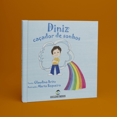Capa azul clara de livro infantil com ilustração de criança e arco-íris