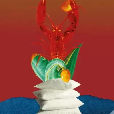 Capa de livro 'ANDRÉ BRETON Entrevistas' com lagosta e máquina de escrever