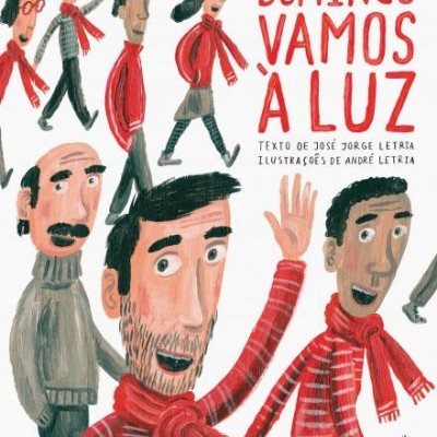 Capa de livro com várias pessoas ilustradas em camisolas e cachecóis vermelhos e cinzentos