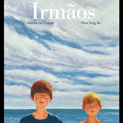 Capa de livro mostrando dois rapazes junto ao mar com céu nublado