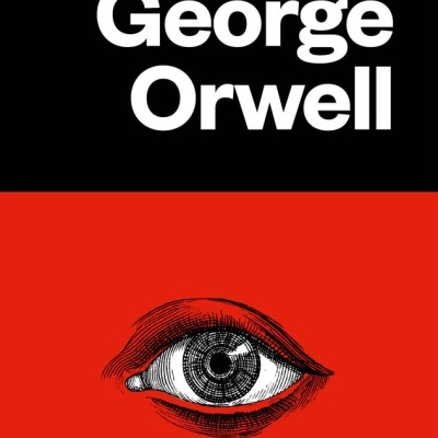 Capa do livro 1984 George Orwell com desenho de olho em fundo vermelho