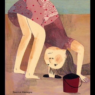 Ilustração de criança inclinada com vestido e balde vermelho em fundo pastel