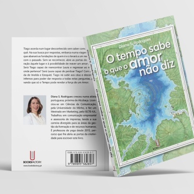 Livro O tempo sabe o que o amor não diz com capa verde e azul, ao lado parte traseira com texto e foto da autora