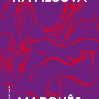 Capa de livro roxa com desenho vermelho e textos em branco