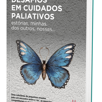 Capa de livro cinzenta com uma borboleta azul e texto em branco e preto