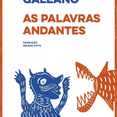 Capa do livro 'As Palavras Andantes' com ilustrações em azul e laranja