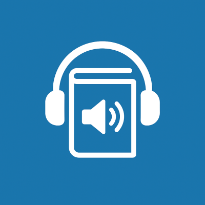 Ícone branco de auscultadores e livro com símbolo de altifalante em fundo azul