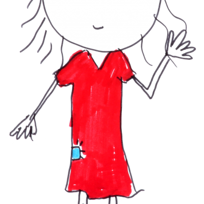 Desenho simples de boneco de pau com vestido vermelho e cabelo ralo.