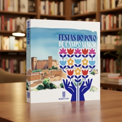 Livro Festas do Povo de Campo Maior com capa colorida de castelo e flores sobre mesa em biblioteca.
