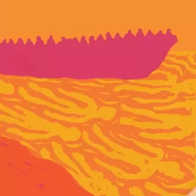 Capa do livro Os Vigilantes de Taina Tervonen com fundo laranja e amarelo e silhuetas em rosa