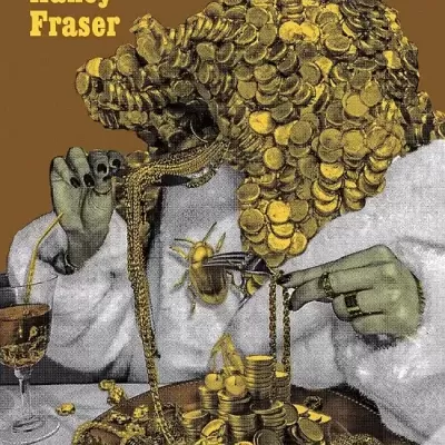 Capa de livro CAPITALISMO CANIBAL com arte de pessoa de moedas douradas e joias à mesa