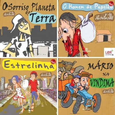 Quatro capas de livros infantis com ilustrações coloridas e títulos em português