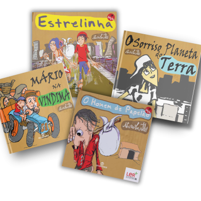 Quatro livros ilustrados em português com capas castanhas e desenhos coloridos, títulos e autor Nuno Barata.