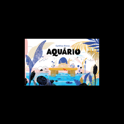 Capa de livro ilustrado com criança e elementos aquáticos coloridos.