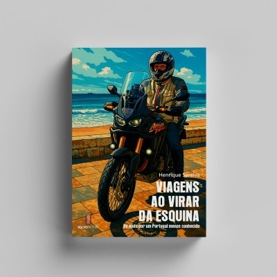 Livro com capa mostrando motociclismo à beira-mar.