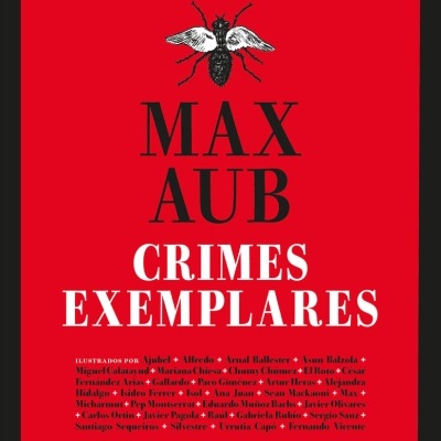 Capa de livro vermelha com texto MAX AUB CRIMES EXEMPLARES e ilustração de insecto