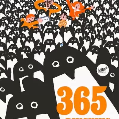 Capa do livro '365 PINGUINS' com pinguins e pessoas em fundo branco