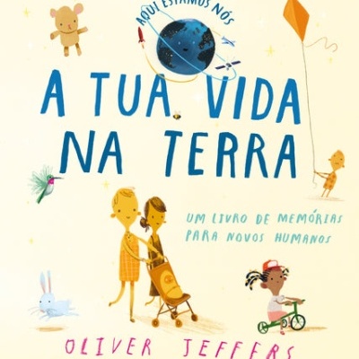 Capa de livro com ilustrações de crianças, animais e planeta Terra e texto em azul, verde e rosa