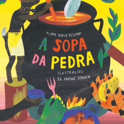 Capa de livro com coelho a mexer sopa numa panela preta e texto colorido