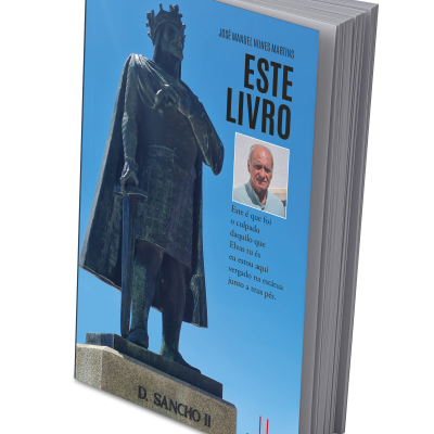 Livro com capa azul mostrando estátua de D. Sancho II e foto de homem idoso