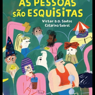 Capa de livro com título amarelo, várias pessoas coloridas sentadas e elementos como chapéus e bebidas.