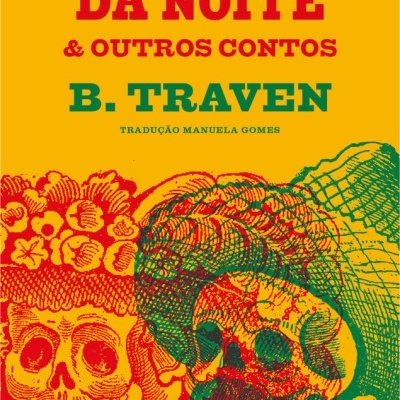 Capa de livro O Visitante da Noite com esqueletos coloridos e texto em amarelo, vermelho e verde