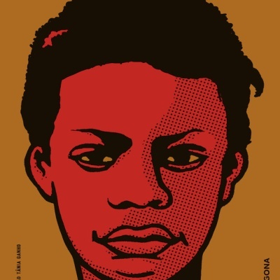 Capa de livro com rosto estilizado em vermelho e preto, fundo castanho, título MAYA ANGELOU