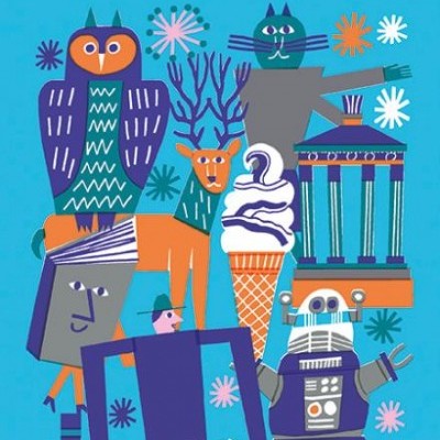 Capa do livro 'Edimburgo' com ilustrações coloridas de animais, figuras e edifícios