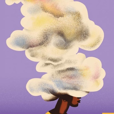 Capa de livro com ilustração de mulher negra e nuvem colorida como cabelo