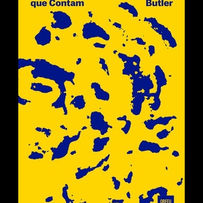 Capa de livro amarela com manchas azuis e texto azul