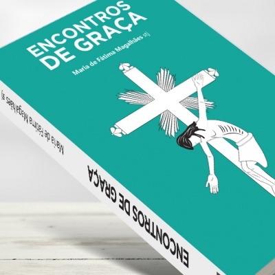 Livro azul turquesa com título ENCONTROS DE GRAÇA e ilustração de personagem