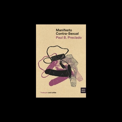 Capa de livro com título Manifesto Contra-Sexual e ilustração abstrata em preto e roxo sobre fundo bege