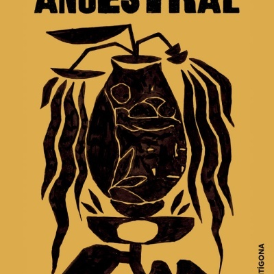 Capa de livro amarelo com texto preto e ilustração abstrata preta