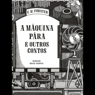 Capa de livro preto e branco com ilustração de máquina e texto editorial em português.