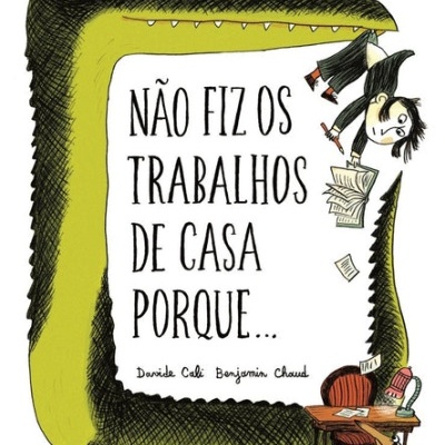 Ilustração de crocodilo verde, texto em português e menina segurando papéis