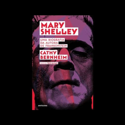 Capa de livro Mary Shelley com rosto de Frankenstein em tons roxos e vermelhos