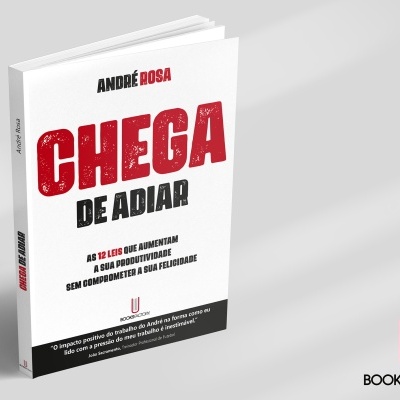 Livro 'CHEGA DE ADIAR' de André Rosa com capa branca e texto vermelho e preto