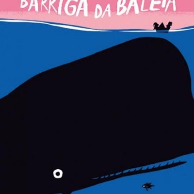 Capa de livro com baleia grande, barco pequeno e texto BARRIGA DA BALEIA