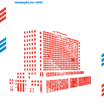 Capa de livro CORREIOS com texto e ilustração de edifício em vermelho e moldura em azul e vermelho