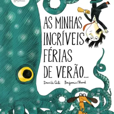 Capa de livro infantil com polvo azul-verde, homem e cão desenhados, texto do título e autores