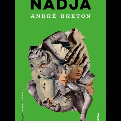 Capa de livro 'NADJA' de André Breton com colagem surrealista de mãos e rostos em fundo verde