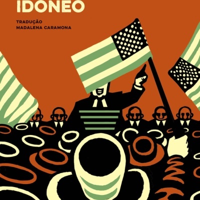 Capa do livro 'Um Candidato Idóneo' de Mark Twain com ilustração de multidão e bandeira