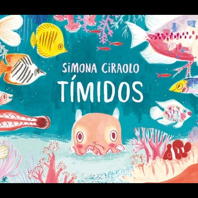 Capa do livro 'TÍMIDOS' com peixes coloridos e corais num fundo azul