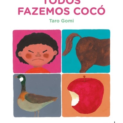 Capa de livro infantil com título e quatro ilustrações coloridas