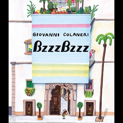 Fachada de edifício ilustrada com letreiro texto GIOVANNI COLANERI BzzzBzzz e carros na rua