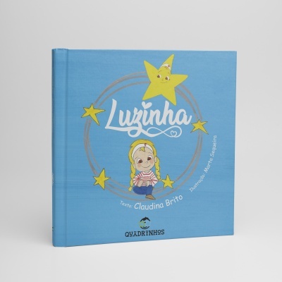 Capa de livro infantil azul com ilustrações de estrela amarela e menina e texto Luzinha